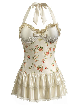 [Prevendita] Costume Intero con Gonna con Allacciatura al Collo a Fiorellini Albicocca Anni '40