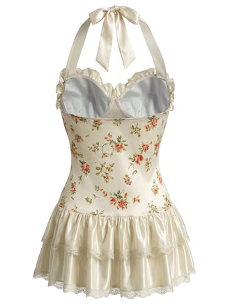 [Prevendita] Costume Intero con Gonna con Allacciatura al Collo a Fiorellini Albicocca Anni '40 2