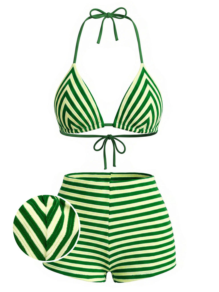 Set Bikini Halter Verde a Righe in Spugna Anni '50