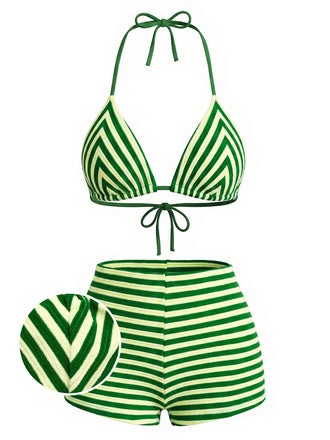 Set Bikini Halter Verde a Righe in Spugna Anni '50