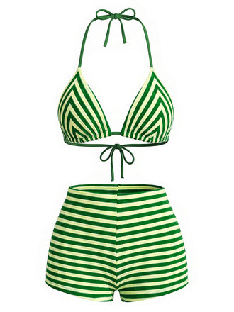 Set Bikini Halter Verde a Righe in Spugna Anni '50