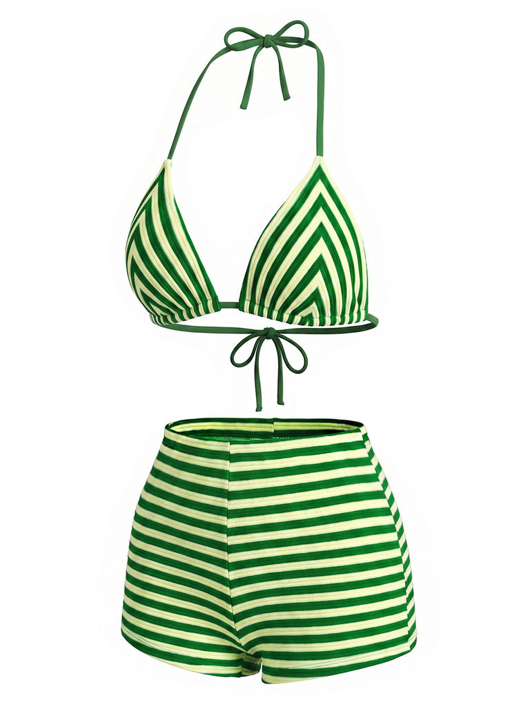 Set Bikini Halter Verde a Righe in Spugna Anni '50