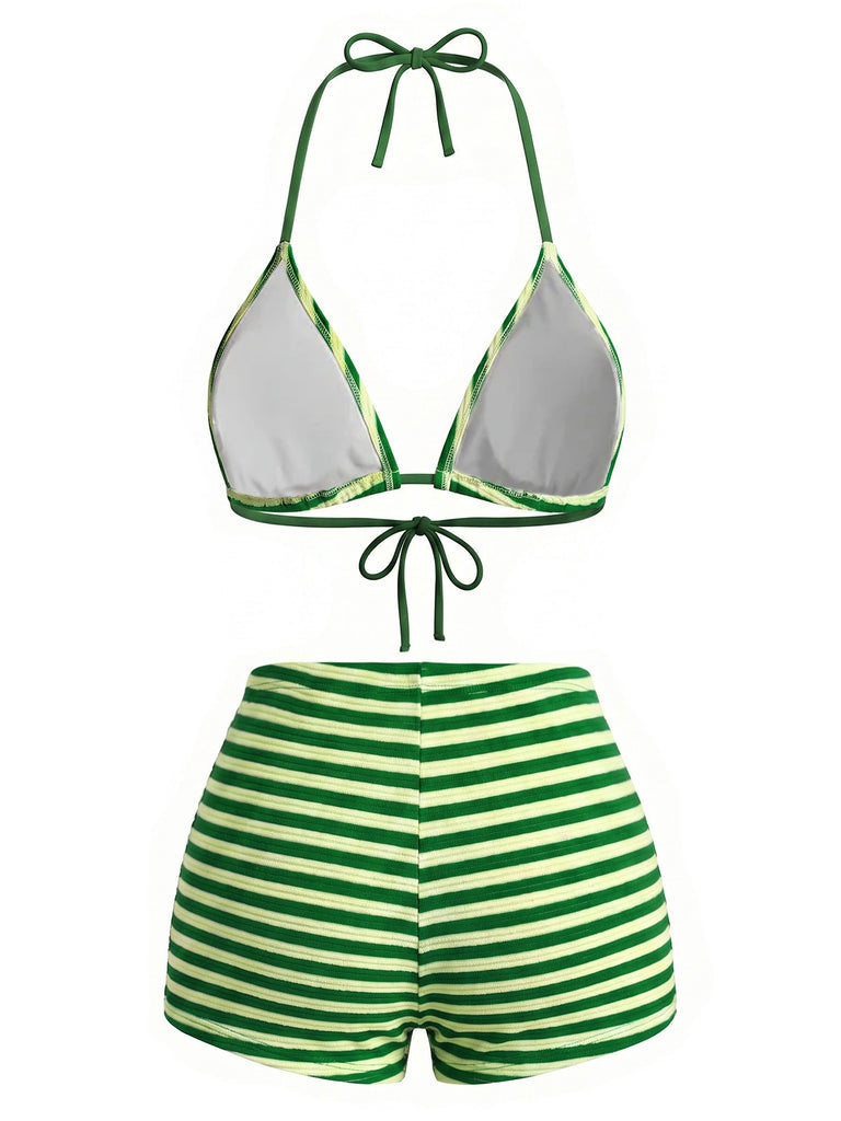 Set Bikini Halter Verde a Righe in Spugna Anni '50