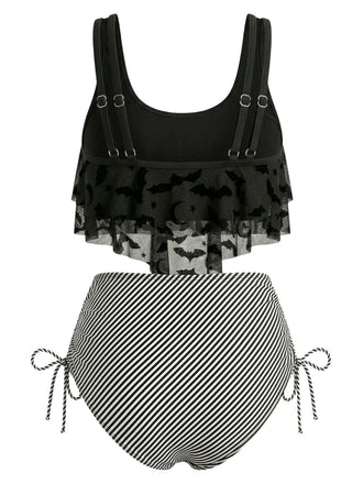 Set Tankini Gotico in Rete a Righe con Stampa Pipistrello Anni '70 2