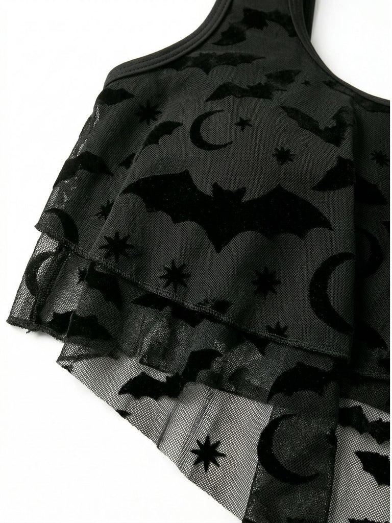 Set Tankini Gotico in Rete a Righe con Stampa Pipistrello Anni '70 3