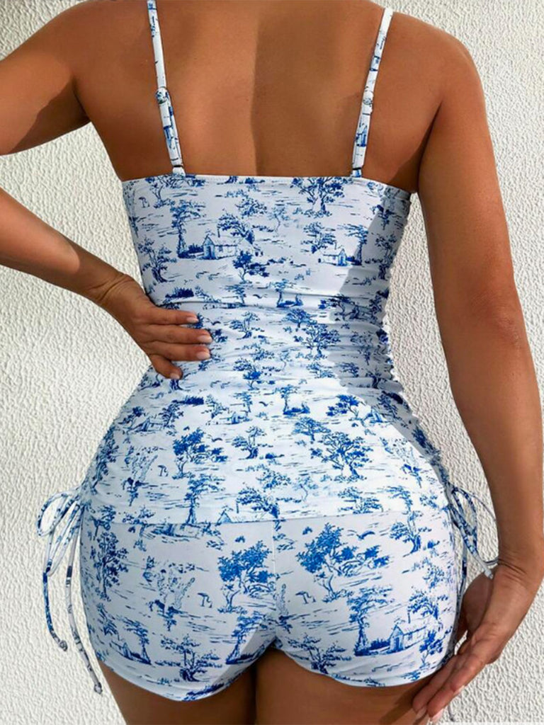 2PCS Tankini Blu Anni '50 Floreale Plissettata e Pantaloncini a Vita Alta