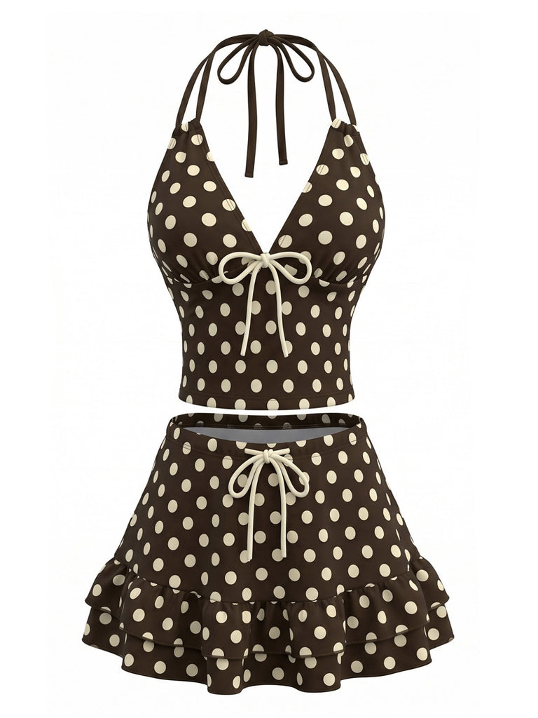 Costumi Marrone Anni '50 a Pois con Scollo All'Americana e Volant