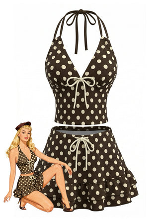 Costumi Marrone Anni '50 a Pois con Scollo All'Americana e Volant