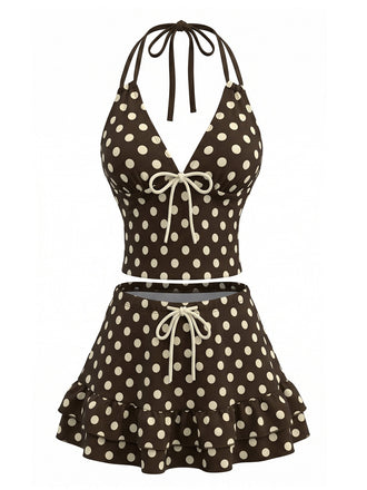Costumi Marrone Anni '50 a Pois con Scollo All'Americana e Volant
