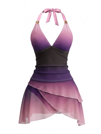 Set Tankini Lavanda Anni '80 Ombré Arricciato con Scollo All'americana