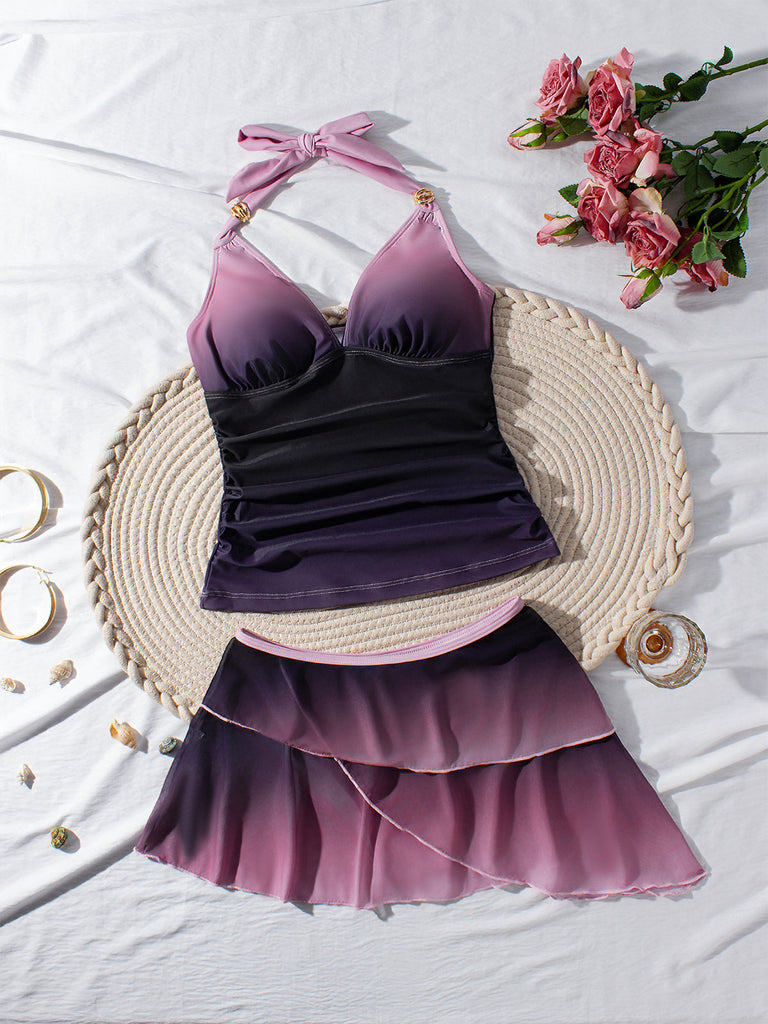 Set Tankini Lavanda Anni '80 Ombré Arricciato con Scollo All'americana