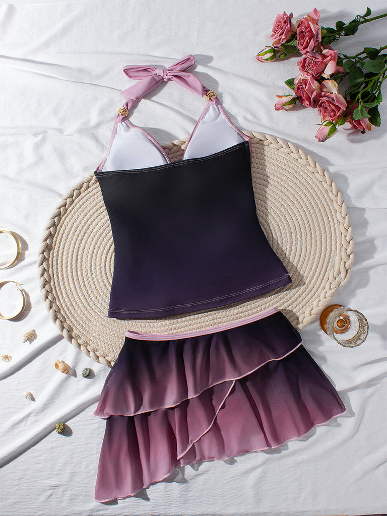 Set Tankini Lavanda Anni '80 Ombré Arricciato con Scollo All'americana