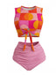 Set Tankini Arancione Anni '60 con Stampa Geometrica a Vita Alta