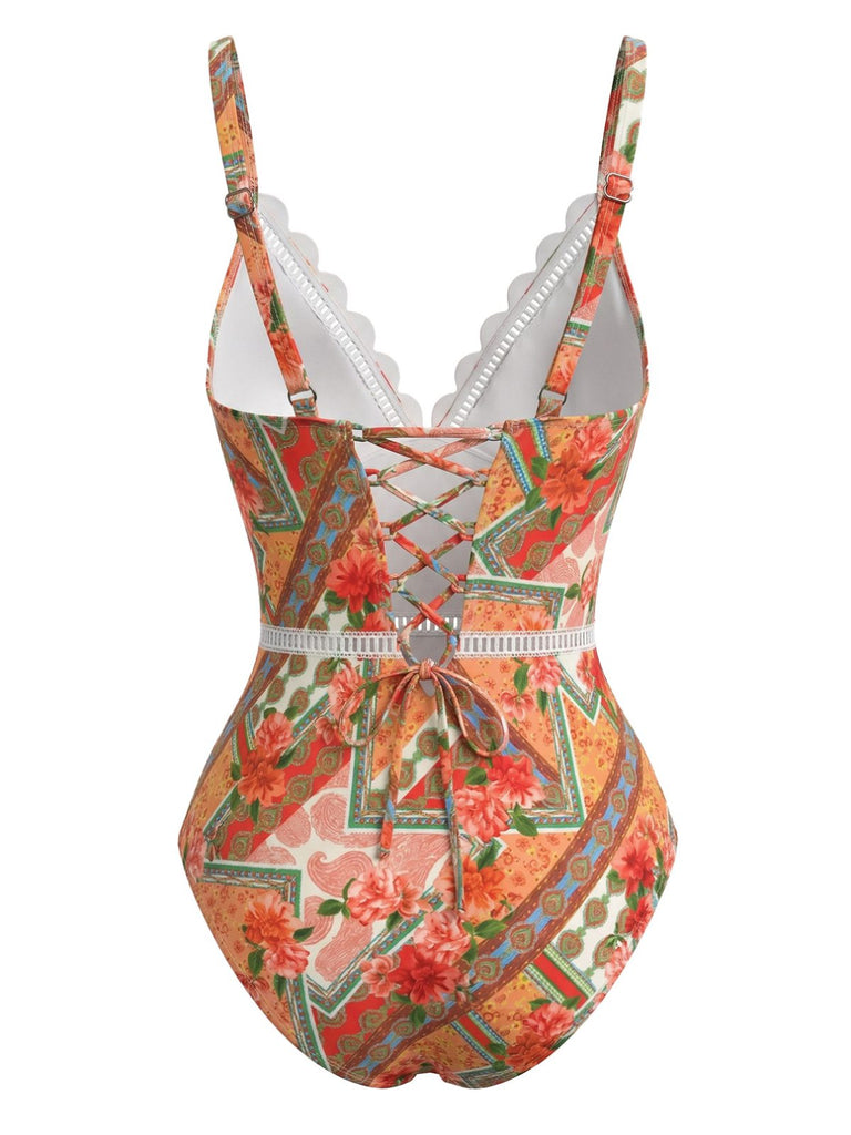 Costume da Bagno Floreale Hollow Patchwork - Arancione Anni '40 3