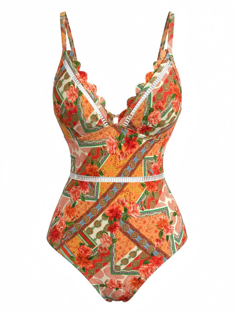 Costume da Bagno Floreale Hollow Patchwork - Arancione Anni '40 2