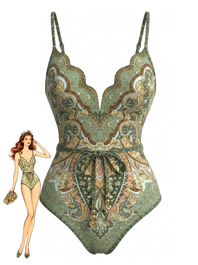 Costume Intero Verde Bohemien con Colletto a Petalo Anni '70