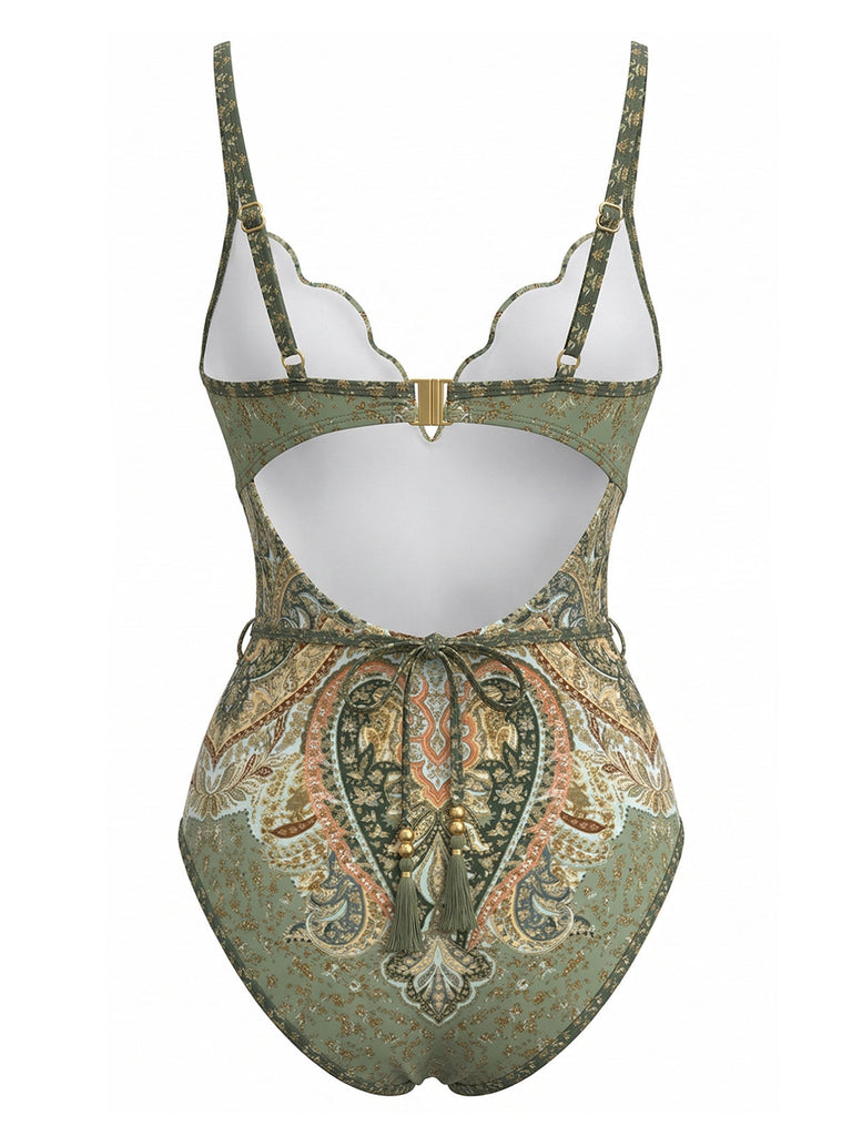 Costume Intero Verde Bohemien con Colletto a Petalo Anni '70 3