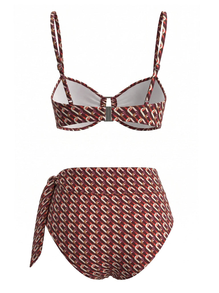 Costume da Bagno Chain con Stampa Vita Alta - Marrone Anni '40 3