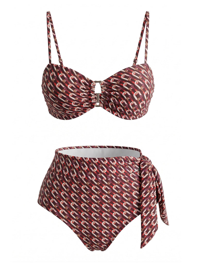 Costume da Bagno Chain con Stampa Vita Alta - Marrone Anni '40 2