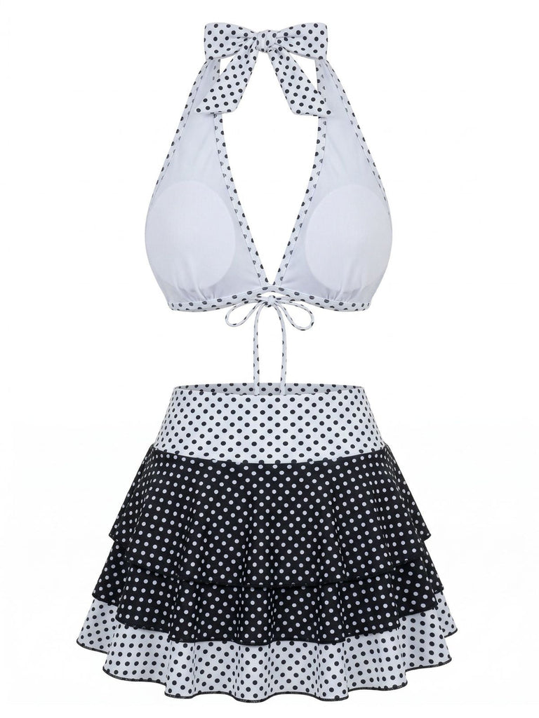 2PCS Set Bikini Nero Halter a Pois e Copricostume Anni '40 3
