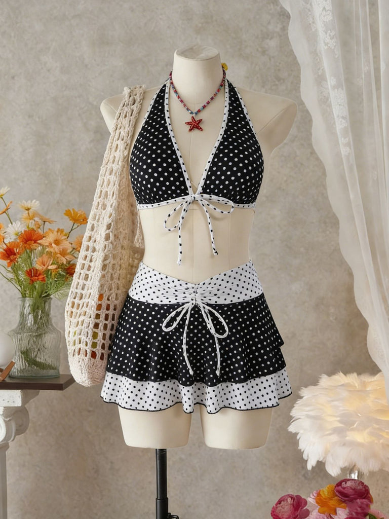 2PCS Set Bikini Nero Halter a Pois e Copricostume Anni '40 4