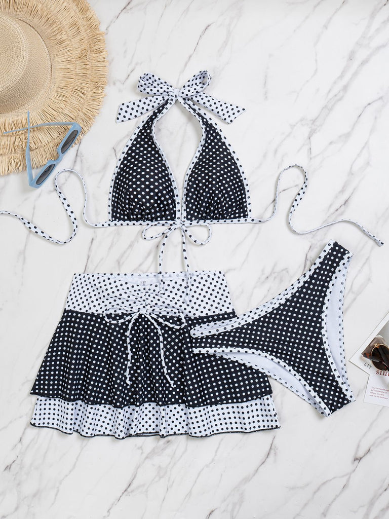 2PCS Set Bikini Nero Halter a Pois e Copricostume Anni '40 5