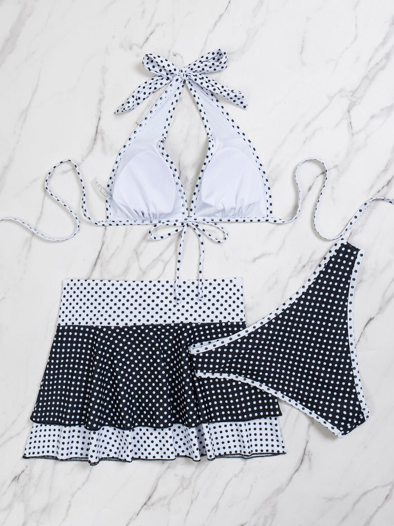 2PCS Set Bikini Nero Halter a Pois e Copricostume Anni '40 6