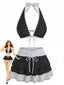 2PCS Set Bikini Nero Anni '40 a Pois con Scollo all'americana e Copricostume