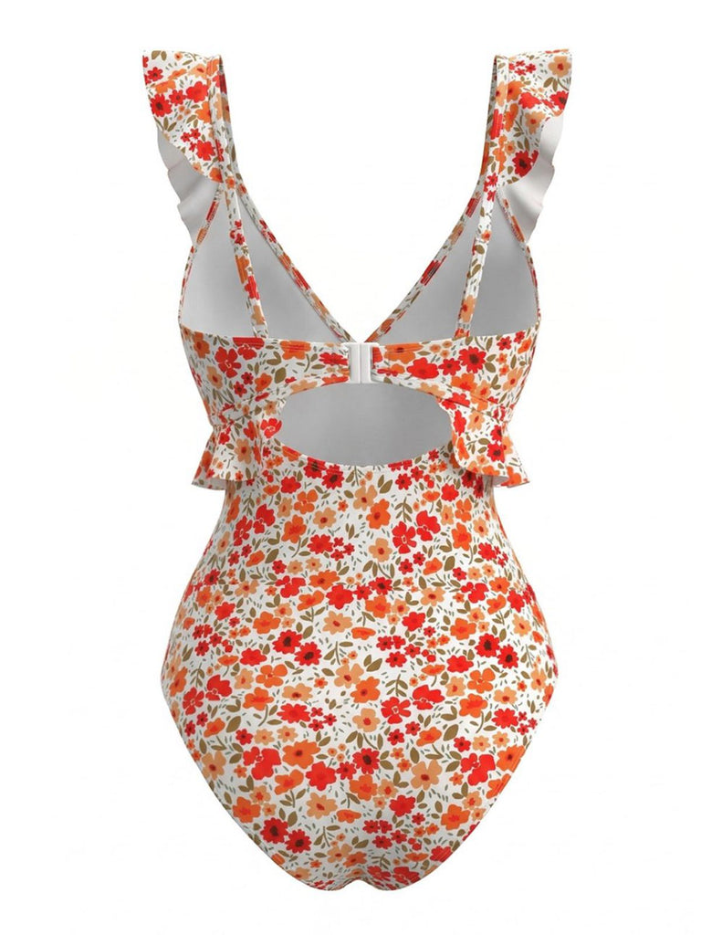 Costume da Bagno Floreale con Volant con Cut-Out - Arancione Anni '40 3