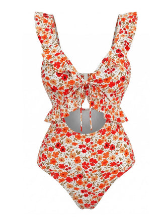 Costume da Bagno Floreale con Volant con Cut-Out - Arancione Anni '40 2