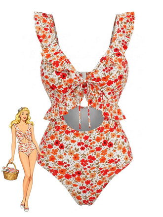 Costume da Bagno Floreale con Volant con Cut-Out - Arancione Anni '40
