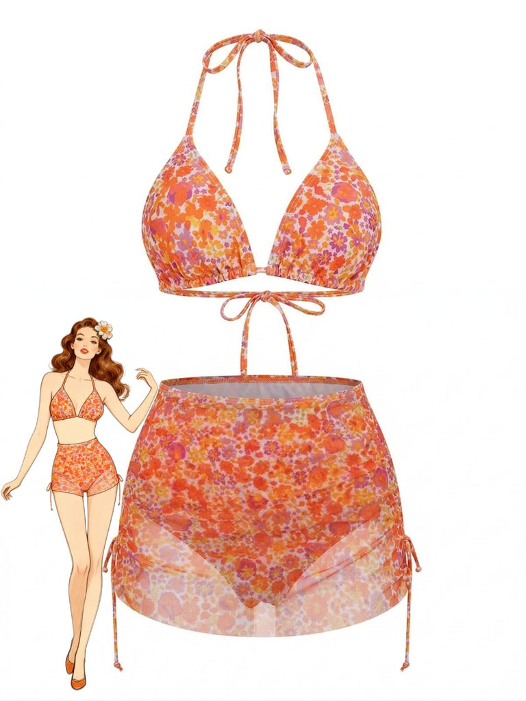 Set Bikini Arancione Floreale con Copricostume Anni '70