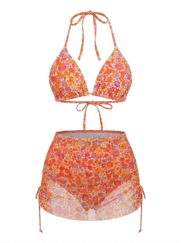 Set Bikini Arancione Floreale con Copricostume Anni '70 2