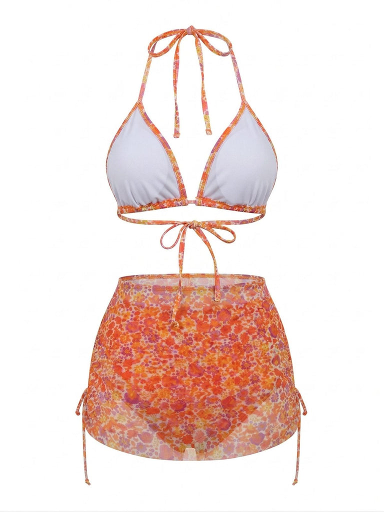 Set Bikini Arancione Floreale con Copricostume Anni '70 3