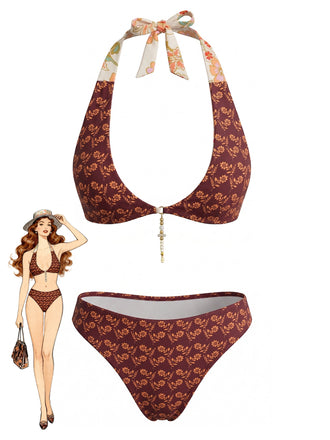Set Bikini Marrone Anni '40 Reversibile Floreale con Schiena Scoperta