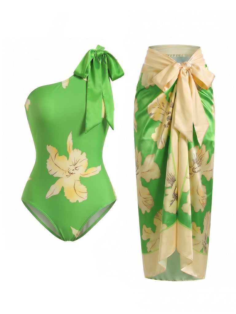 [Prevendita] Costume Intero Monospalla con Copricostume a Foglie d'Acero Floreale Anni '70