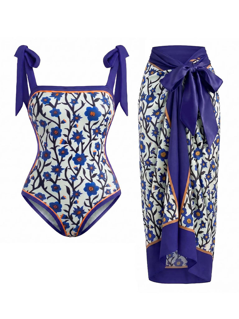 [Prevendita] Costume 2PCS con Copricostume Floreale con Fiocco Blu Anni '50