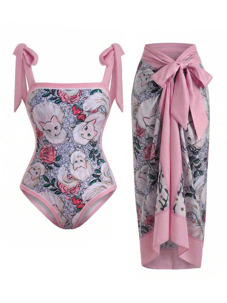 [Prevendita] Costume Intero con Copricostume a Stampa Gatti e Fiori Anni '60