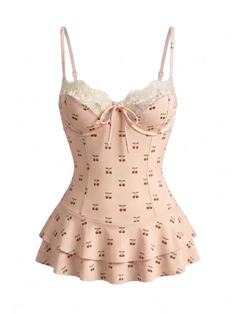 [Prevendita] Costume da Bagno con Ciliegie con Stampa in Pizzo - Rosa Chiaro Anni '50