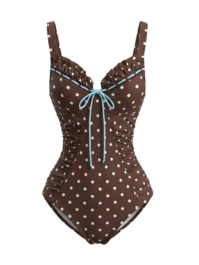 Costumi Intero Caffè Chiaro Anni '60 a Pois Colorblock
