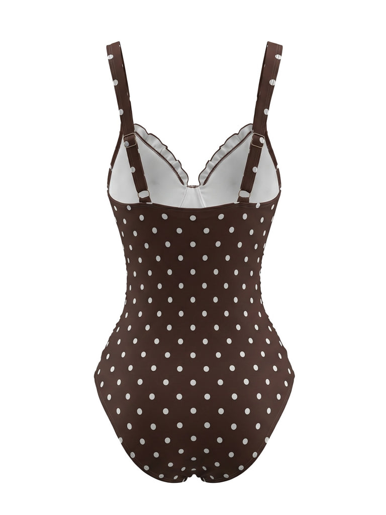 Costumi Intero Caffè Chiaro Anni '60 a Pois Colorblock