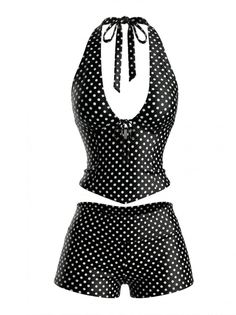 [Prevendita] Set Tankini Nero a Pois con Allacciatura all'Americana Anni '60