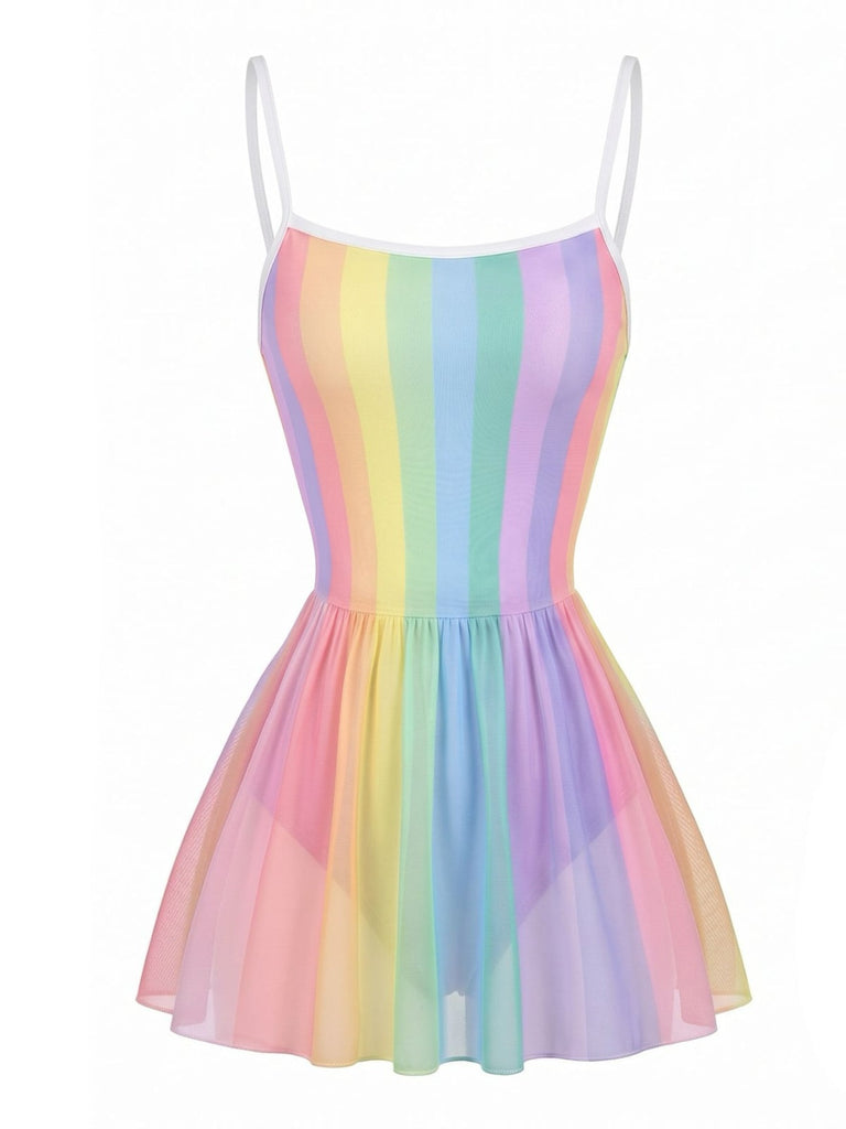 [Prevendita] Costume Intero con Gonna a Righe Arcobaleno Multicolore Anni '40 2