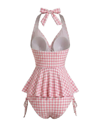 [Pre-Vendita] Set Tankini Halter a Volant Vichy Rosa Anni '50 2