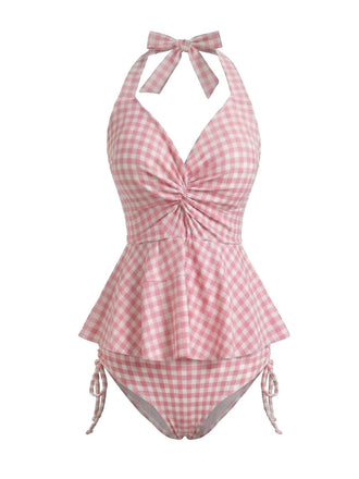 [Pre-Vendita] Set Tankini Halter a Volant Vichy Rosa Anni '50