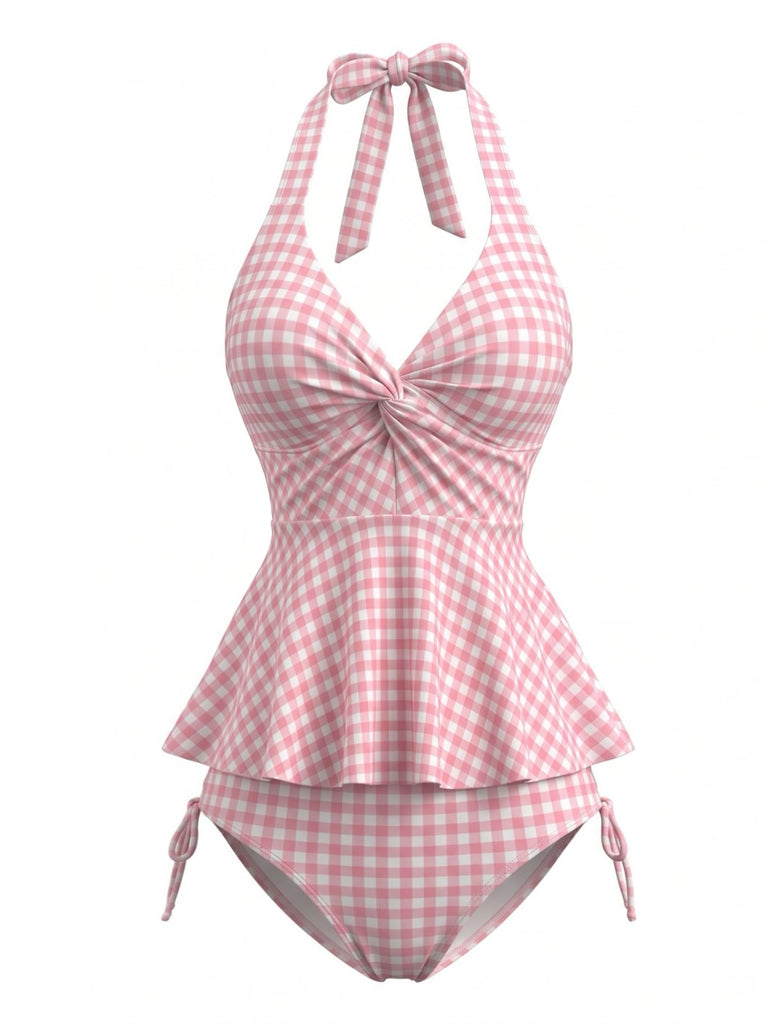 Set Tankini Rosa Anni '50 a Quadri a Volant con Scollo All'americana