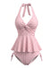 Set Tankini Rosa Anni '50 a Quadri a Volant con Scollo All'americana