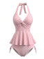 Set Tankini Rosa Anni '50 a Quadri a Volant con Scollo All'americana