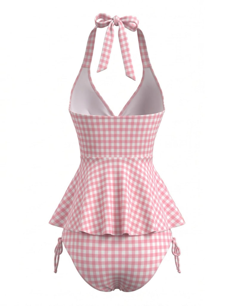 Set Tankini Rosa Anni '50 a Quadri a Volant con Scollo All'americana