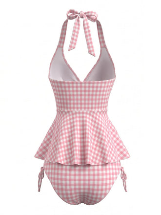 Set Tankini Rosa Anni '50 a Quadri a Volant con Scollo All'americana